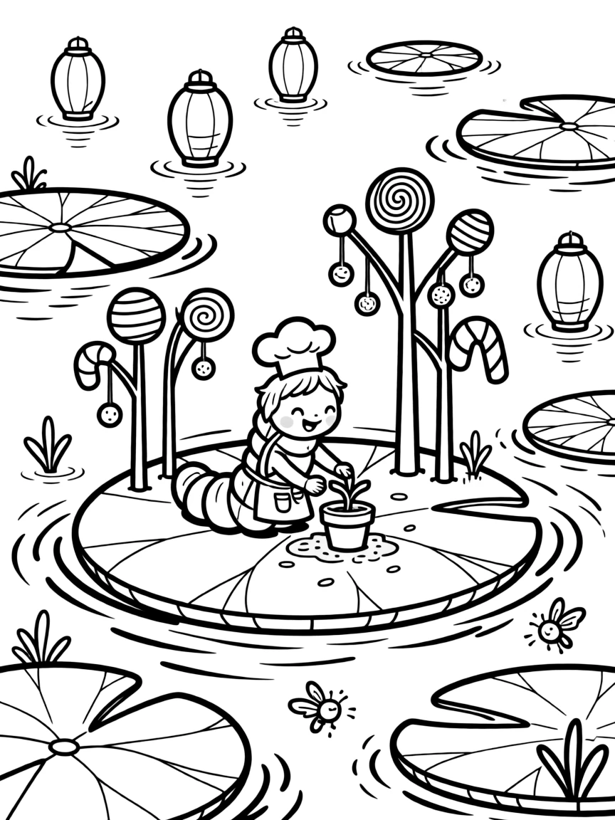 On a lily pad lake dotted with floating lanterns, a spunky caterpillar chef discovers the joy of planting seeds that grow into candy trees, while twinkling fireflies lighting up the path watches happily nearby. Little cheers of excitement fill the air.
