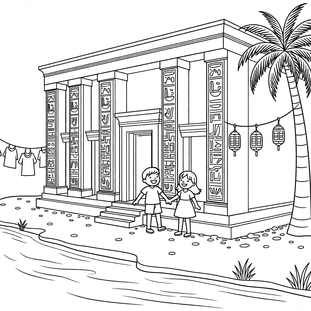 A coloring page featuring a sandstone temple with tall carved columns along the Nile in Egypt, with children playing just outside the door and laundry or lanterns strung nearby.