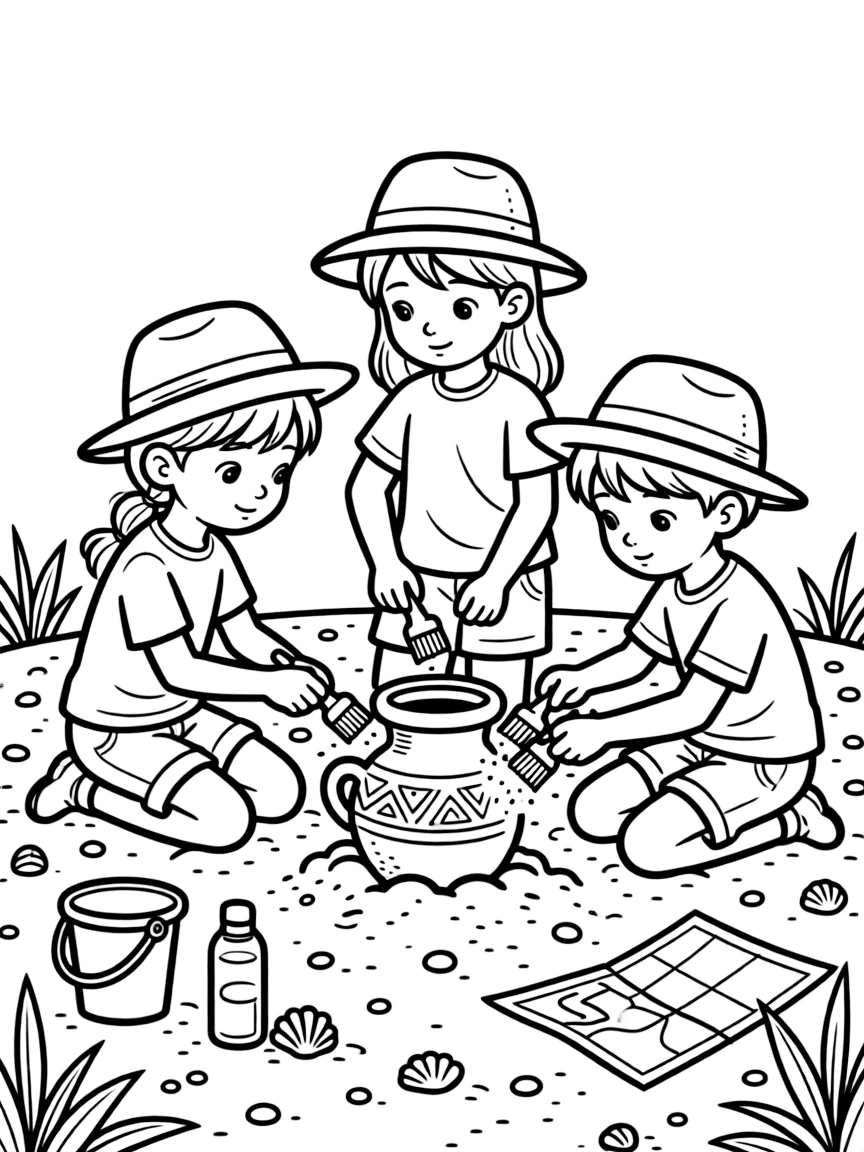 a thoughtful group of three kids brushes sand away from a buried clay pot at a pretend archaeological dig.