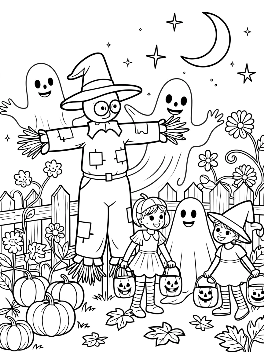 A witch's garden scarecrow turns out to be a disguised friendly ghost, who happily chats with visiting trick-or-treaters.