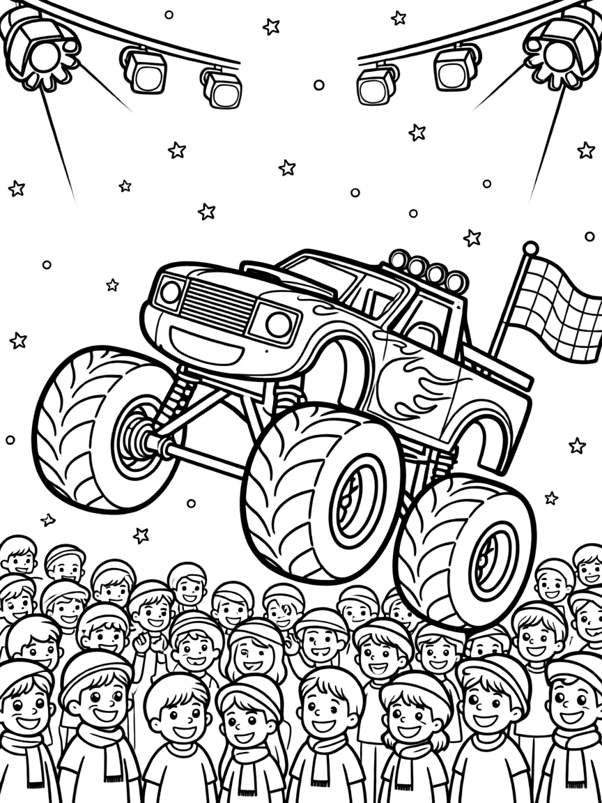[Monster Trucks] a flame-painted monster truck doing a wheelie in front of the crowd under bright arena lights. In the background, a checkered flag waves from the sidelines, adding extra fun to explore. Bright headlights shine from the front grille. It all happens under a starry night sky, with snow gently falling.