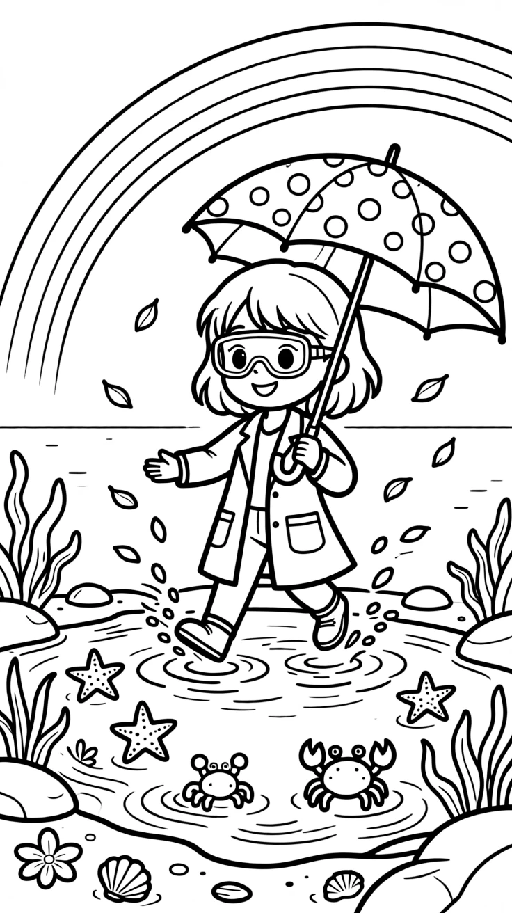 A girl scientist in a lab coat and safety goggles is splashing through puddles with a polka-dot umbrella at a seaside tide pool full of tiny creatures. All around, a soft rainbow arching overhead and scattered flower petals drifting in the breeze bring the scene to life.