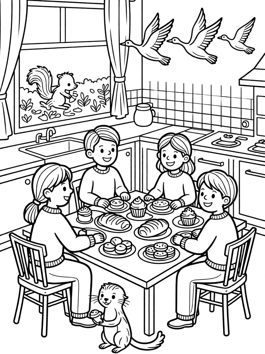 A wide view in a cozy kitchen with the smell of fresh-baked treats, featuring a family gathered around a bountiful table, a playful otter, and a squirrel gathering acorns, with a flock of geese flying south nearby.