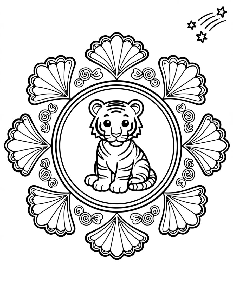 Zoo & Safari Animals: The main subject is a tiger cub with soft rounded paws, drawn as the focal point of an oval medallion mandala framed by a double border. It is set at the core of the page, with the pattern unfolding outward in eight matching symmetrical segments. Decorative details fill the surrounding space, including delicate lace-edged fringes, loops shaped like small bows, and tightly coiled spiral shells woven throughout the background. A playful extra touch completes the page: a small cluster of shooting stars tucked into one corner.