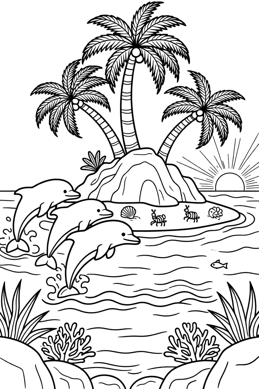 [Tropical Islands] A group of friendly dolphins leaps near a rocky island topped with swaying palm trees. Hermit crabs explore a scattering of shells beneath a cluster of leaning palm trees. Coral formations rise beneath the clear water near a cluster of smooth volcanic rocks. A warm breeze rustles the palm fronds as the sun sets in brilliant orange and pink.