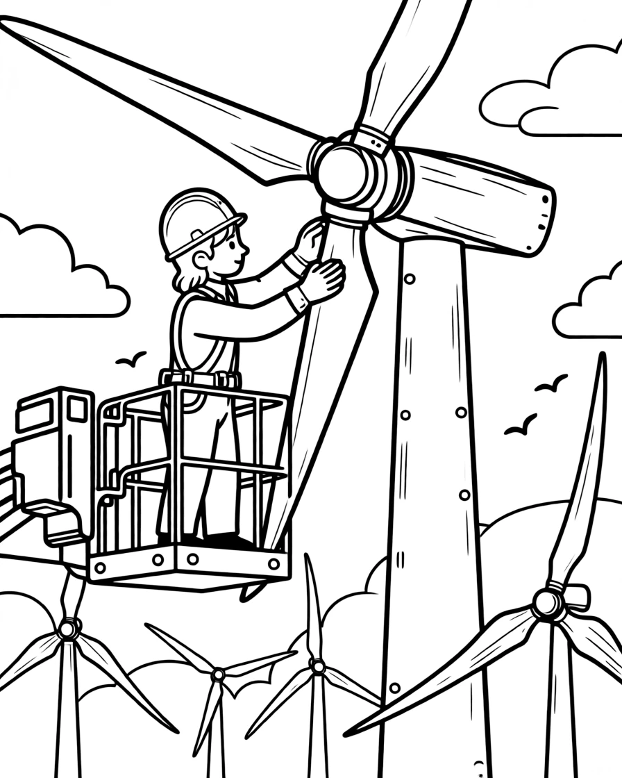 A wind farm worker checks a spinning turbine blade from a maintenance lift.