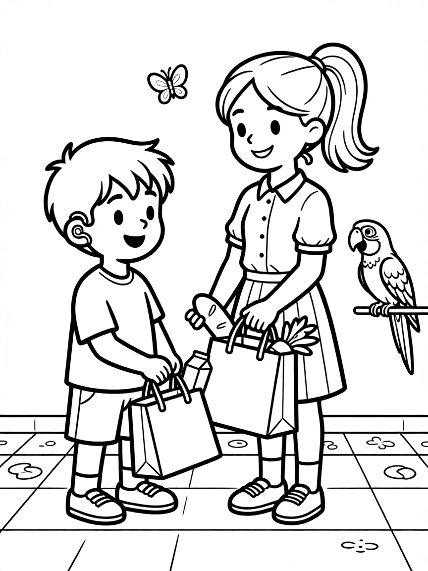 A boy with a hearing aid helping carry grocery bags with a big sister while a parrot squawks from a perch.