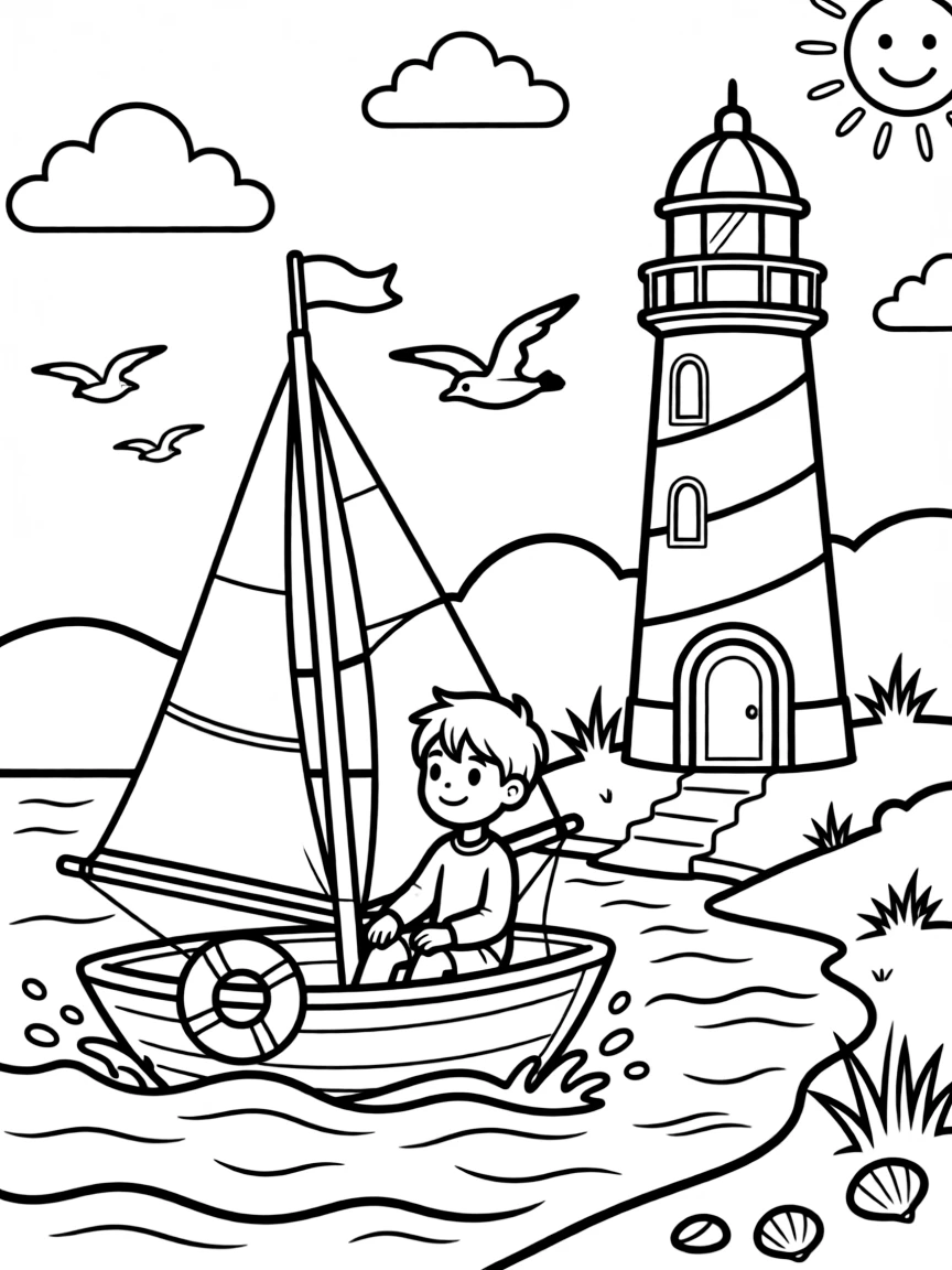 A shy new student, spotting a lighthouse on the shore while sailing along the coast.