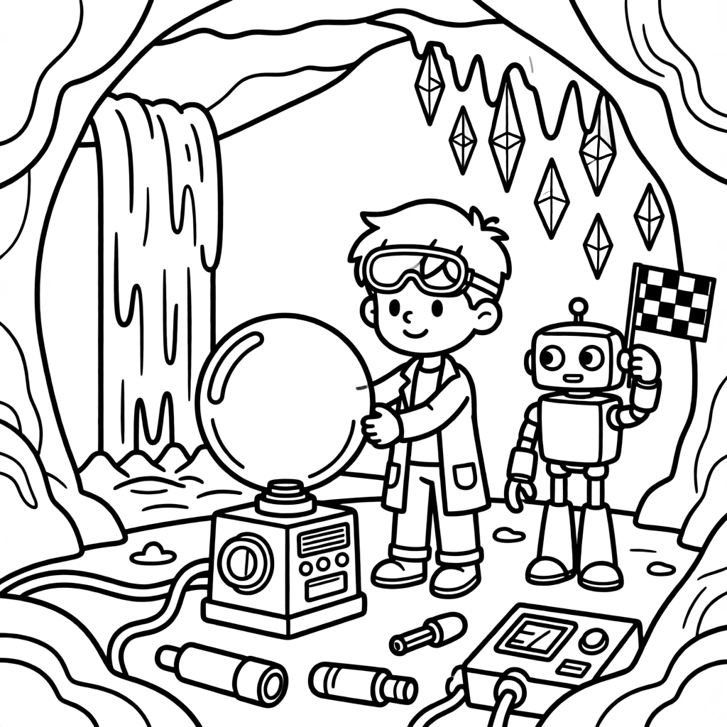 In a secret underground base hidden beneath a volcano, inventor kid Halo testing a bubble-shield generator collecting rainbow-colored ice crystals from a frozen waterfall, while a friendly robot waving a checkered flag adds to the excitement.