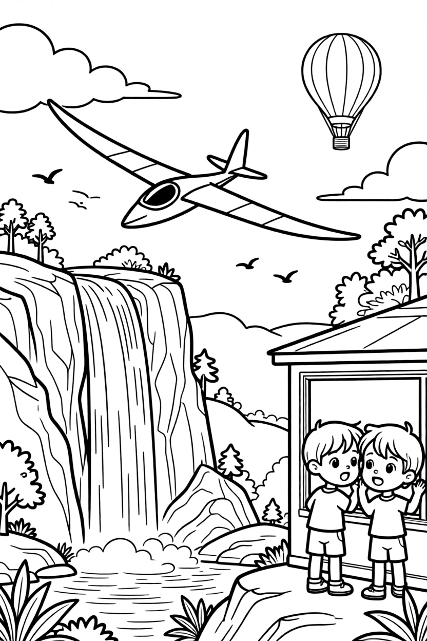 A graceful glider soaring silently on the wind is shown journeying through a national park with towering waterfalls and rocky cliffs, with twin siblings pressing their faces to the window close by and a hot air balloon floating in the distance completing the lively scene.