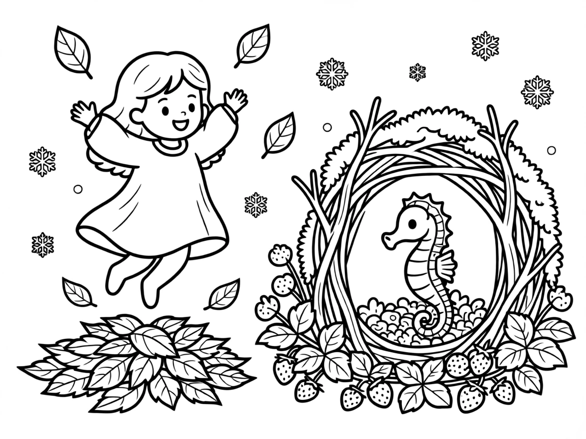 A gentle forest spirit jumping in autumn leaf piles with a seahorse in a cozy burrow, near a patch of wild strawberries, as gentle snowflakes drift down.