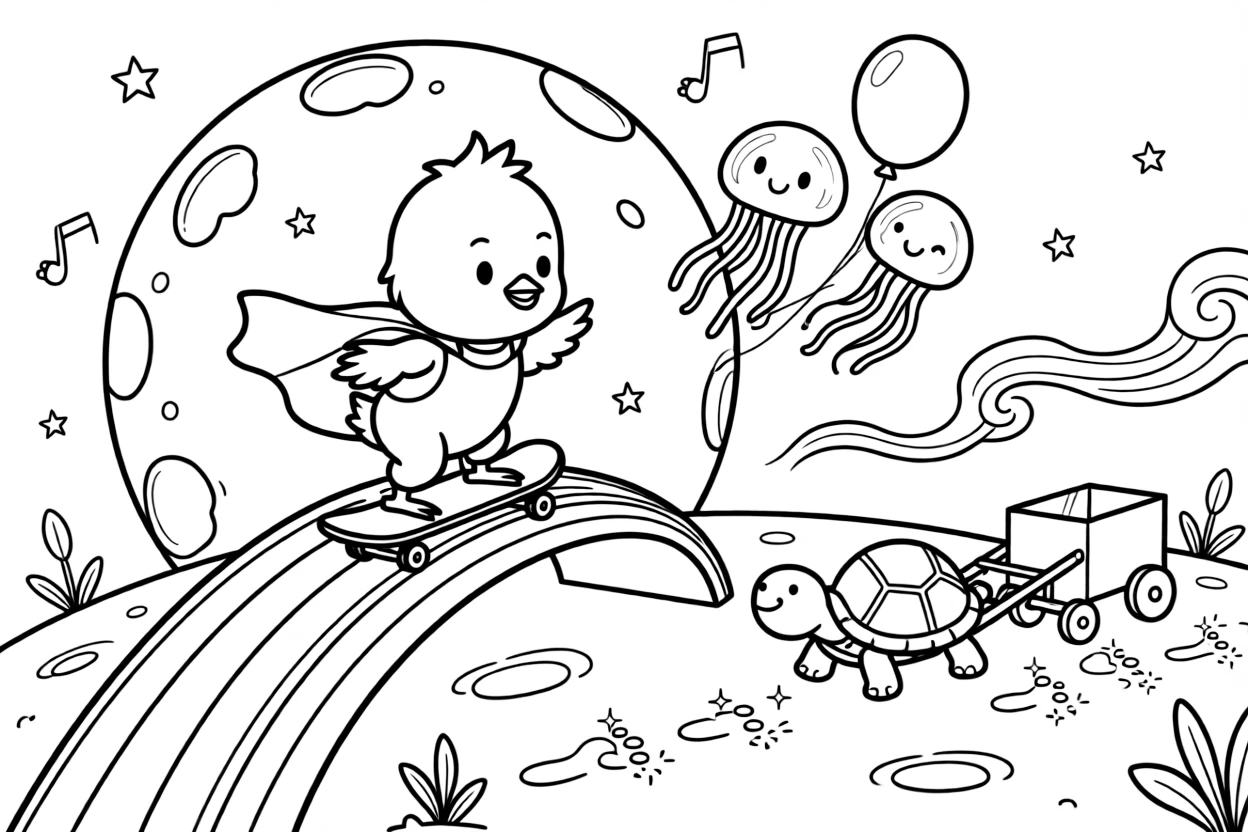 A shy chick in a tiny superhero cape is learning to skateboard down a rainbow ramp on the moon surrounded by floating jellyfish-shaped balloons, joined by a cart pulled by a very determined turtle and a trail of glowing footprints. A gentle breeze carries the sound of joyful laughter.