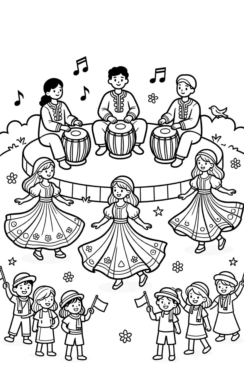 A coloring page capturing musicians playing a tabla drum while dancers twirl in colorful skirts from Egypt, set on an outdoor stage with cheerful onlookers waving and swaying along.