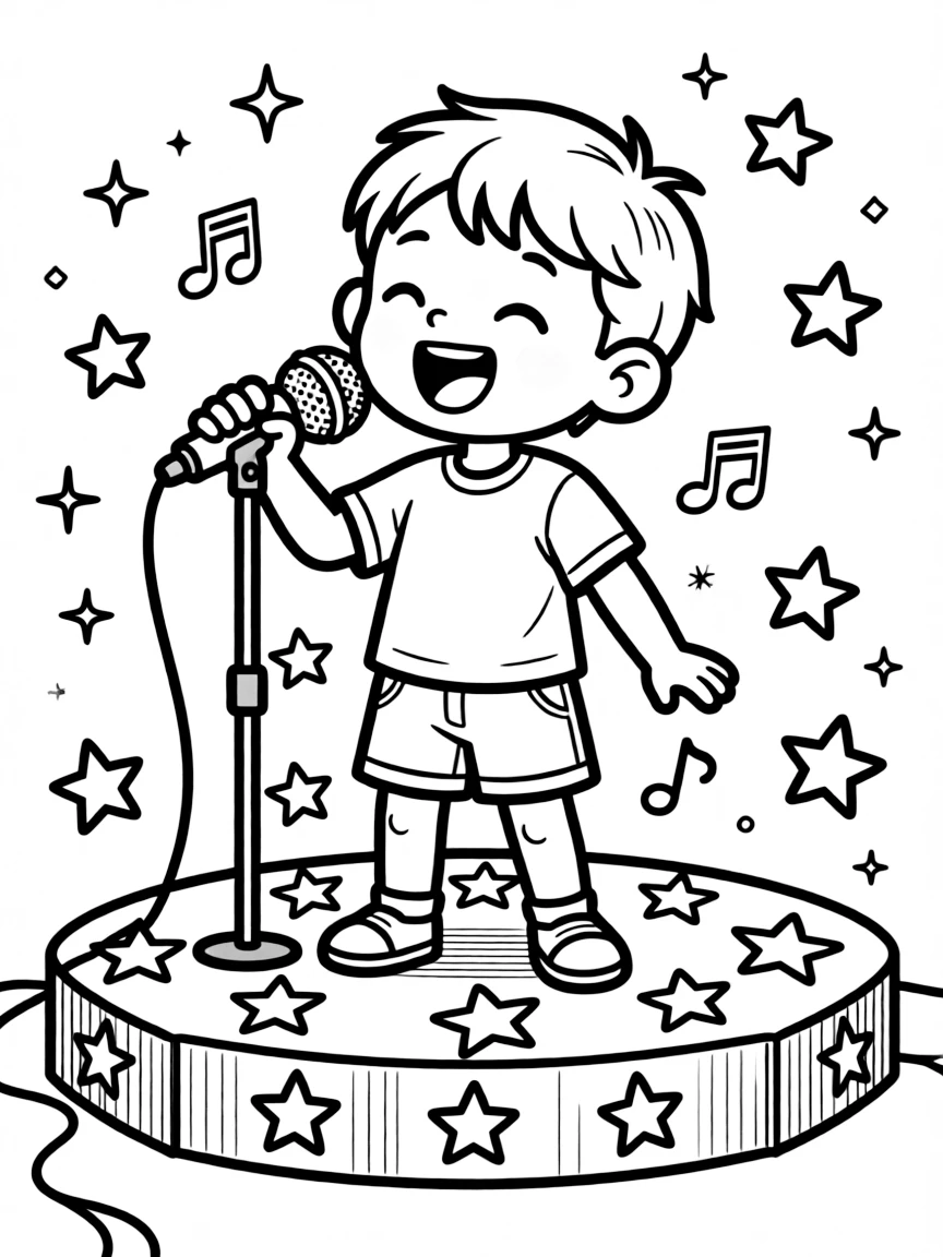 an excited small child sings into a toy microphone on a cardboard stage decorated with stars.