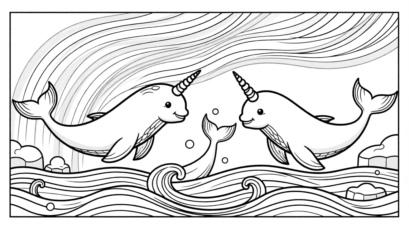 A pod of narwhal-like sea unicorns leap gracefully through arctic waves, their spiral horns catching the glow of the northern lights.