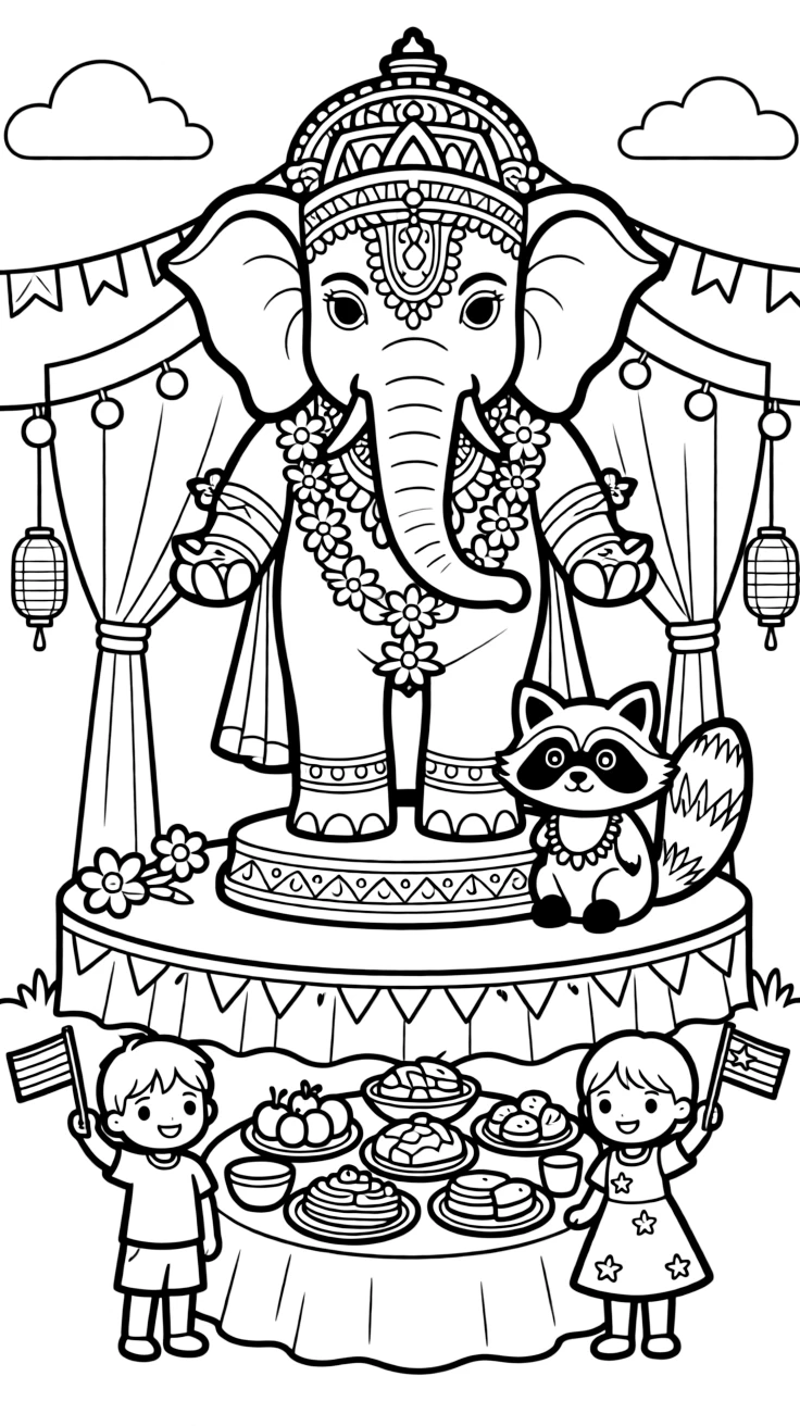 A colorfully decorated elephant-headed statue on a decorated stage set up for a community celebration, alongside a round raccoon and a table set with special holiday dishes, with children waving small flags close by.