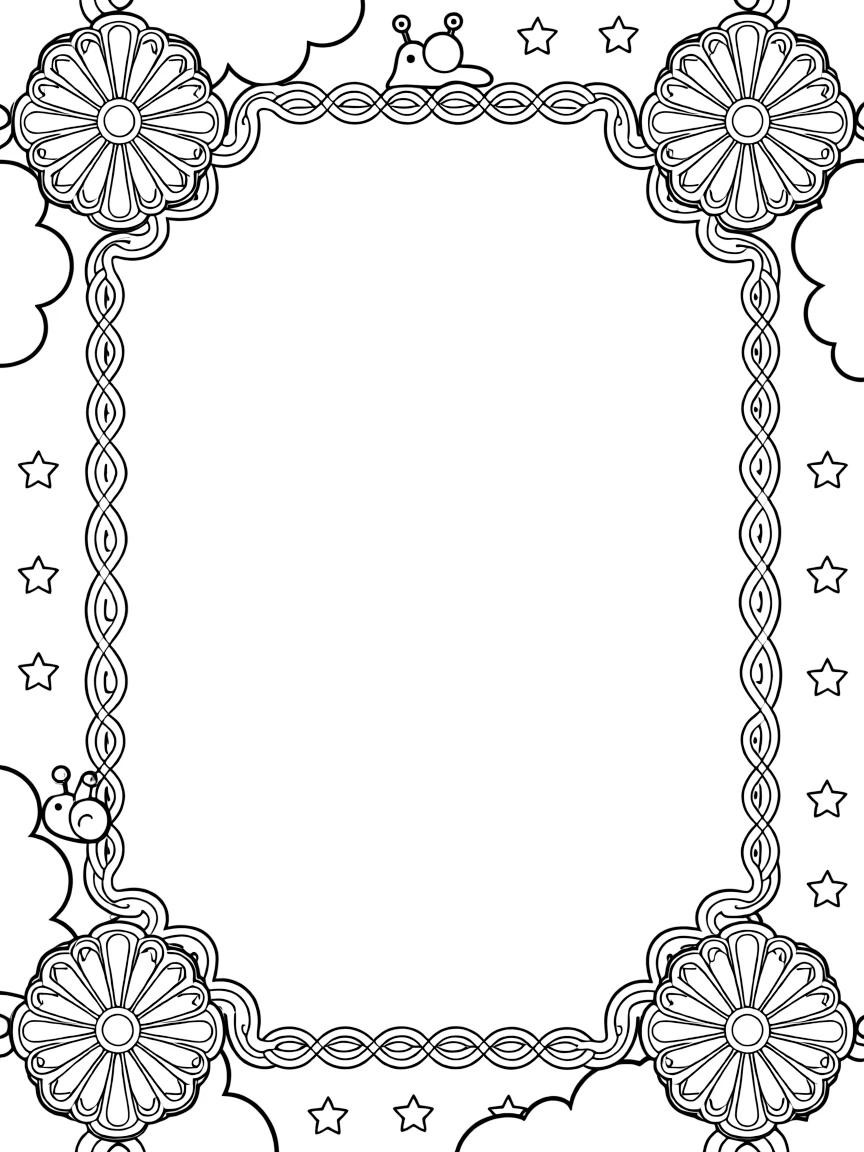 Zoo & Safari Animals: The page centers on a repeating motif of a tiger cub with soft rounded paws, built around a wheel-spoke mandala radiating from a round hub. The motif is placed at each of the four corners in matching pairs, connected by a looping border pattern around the edge. Decorative details fill the surrounding space, including interlocking circle chains, clusters of small five-point stars, and rounded puffy cloud shapes woven throughout the background. A playful extra touch completes the page: a little snail resting quietly on one of the larger shapes.