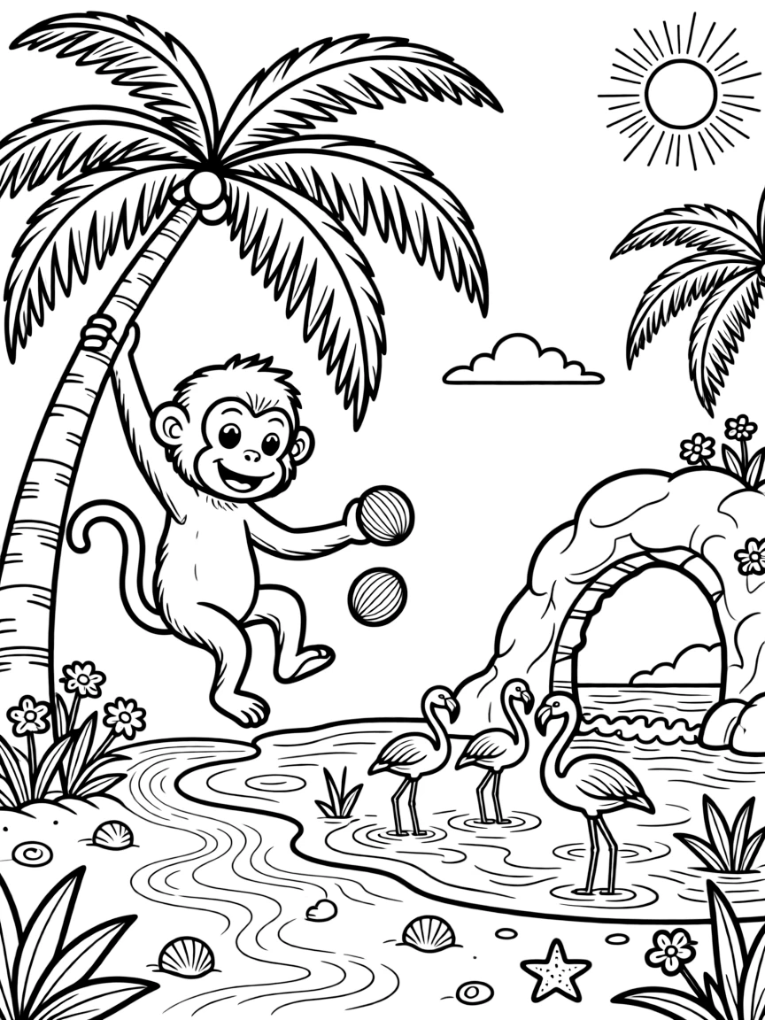 [Tropical Islands] A friendly monkey swings from a palm tree, tossing coconuts down onto the soft sand below. A pair of flamingos wades in a shallow lagoon near the edge of the island. A rocky archway frames a hidden cove where gentle waves lap against the shore. A warm breeze rustles the palm fronds as the sun sets in brilliant orange and pink.