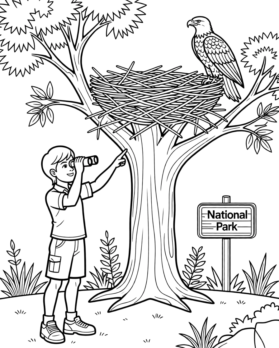 A national park guide points out a bald eagle's nest through binoculars.