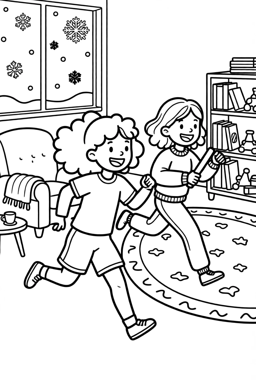 A curly-haired girl running in a relay race with a visiting pen pal in a cozy living room while snowflakes fall softly.