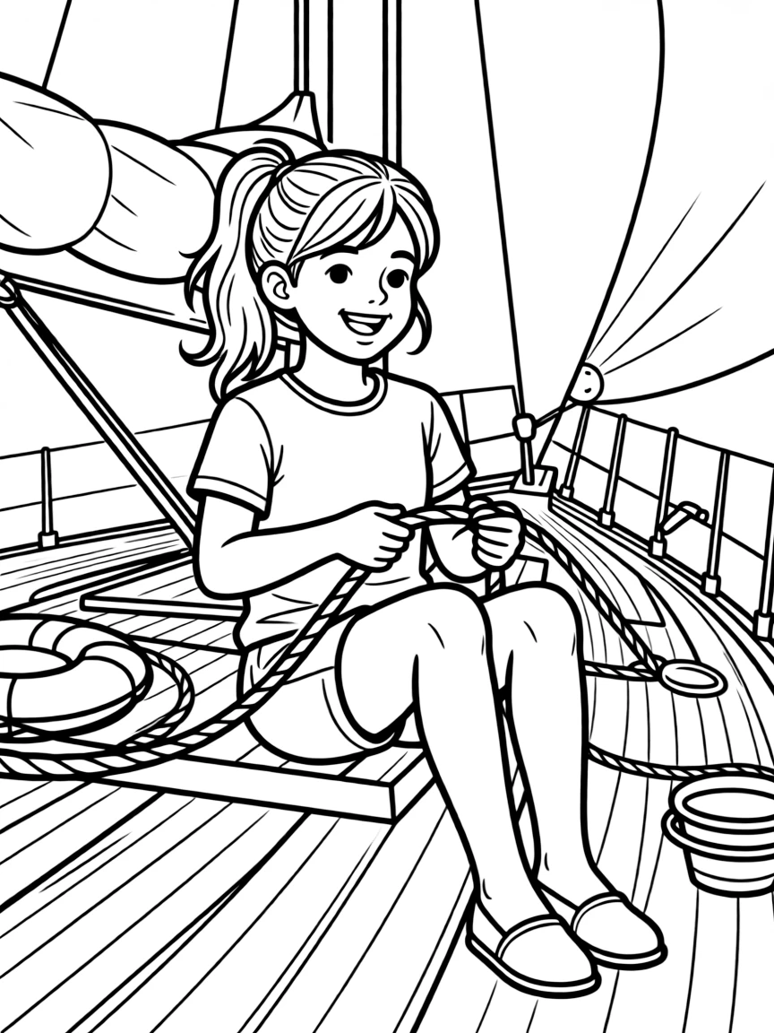 An energetic girl with a big smile, learning to tie a sailor's knot on the deck of a small sailboat.