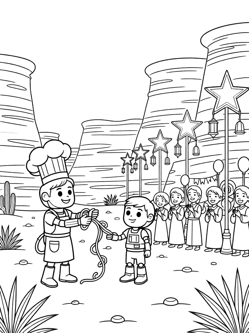 Widget, a robot chef untangling a knot of vines that trapped a robot explorer, in a red desert planet with towering rock canyons, with a cheerful crowd gathered for a festival and a row of streetlights shaped like glowing stars nearby.