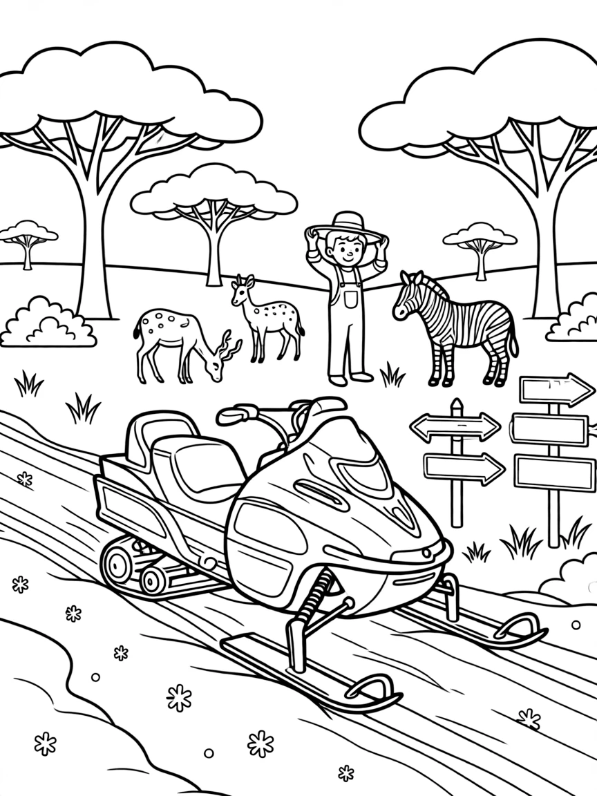 A snowmobile carving fresh tracks through powder takes center stage in an open savanna dotted with acacia trees and grazing animals, where a friendly farmer tipping his straw hat can be seen nearby, surrounded by road signs pointing toward fun destinations.
