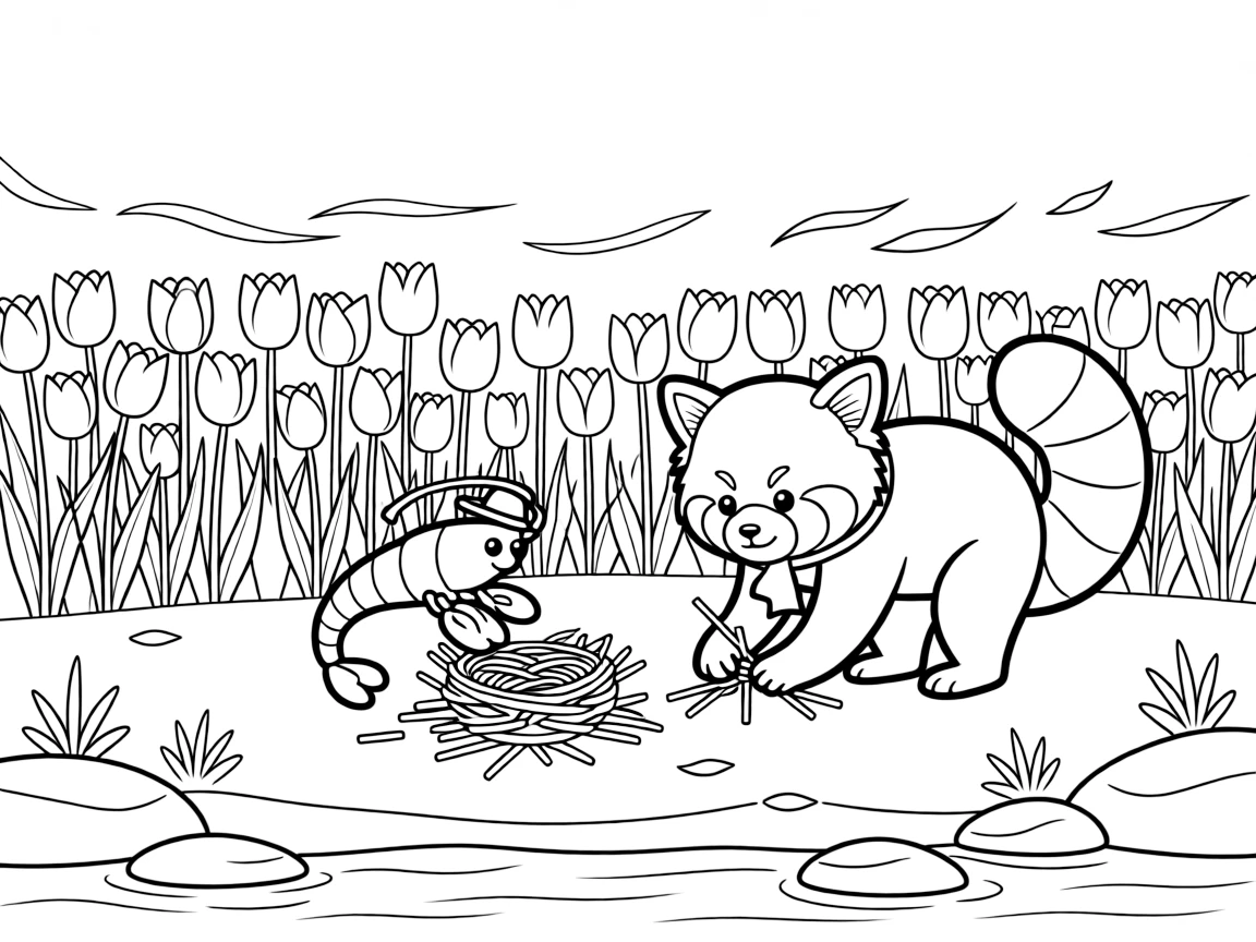 A shrimp on a riverbank at dawn, building a tiny nest together with a red panda, next to a bed of tulips, while a gentle breeze scatters flower petals.