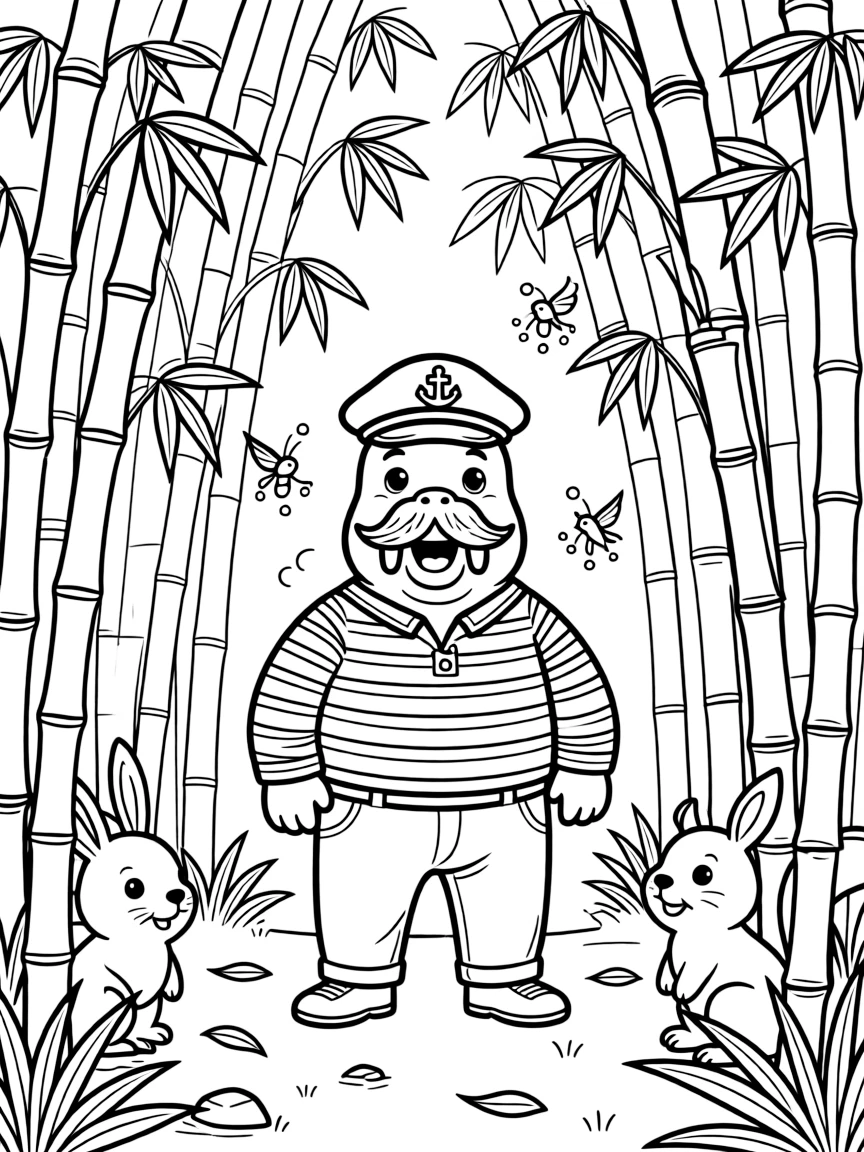 In a bamboo forest clearing, a bold walrus sea captain discovers the joy of playing an epic game of hide and seek, while twinkling fireflies lighting up the path watches happily nearby. Warm smiles and happy cheers fill the scene.