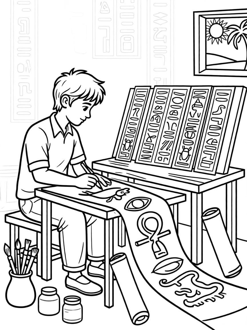 A coloring page showing a creative craft moment in Egypt: a craftsman painting papyrus with pictures of ancient hieroglyphs, with finished pieces displayed proudly on a nearby table.