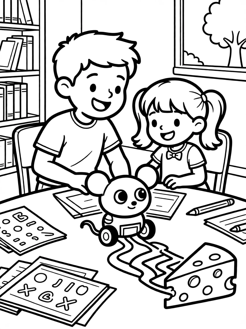 a cheerful older brother and his little sister codes a maze-solving robot mouse to find its way to a wedge of cheese.