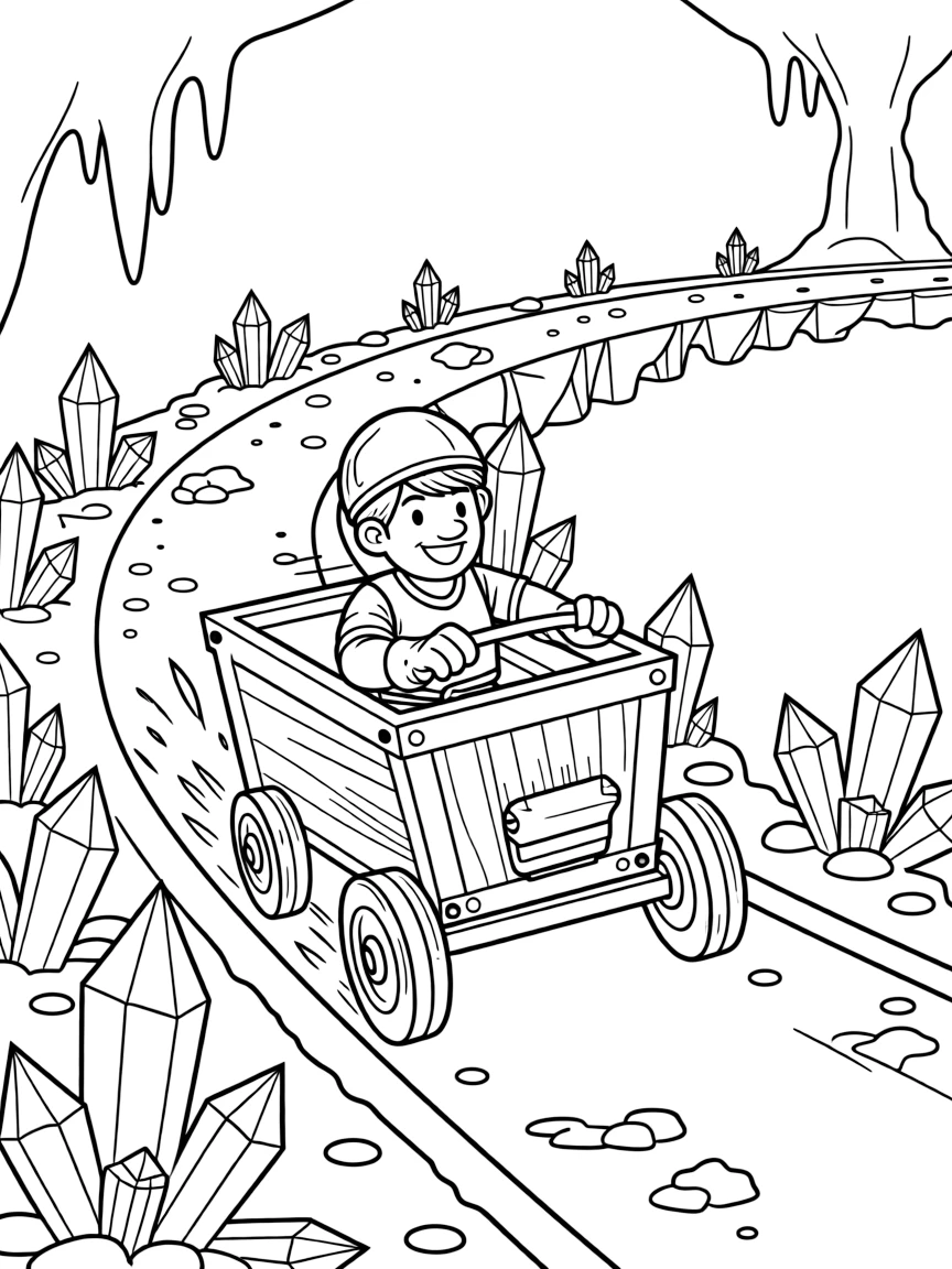 A dwarven mining cart races through an underground track lined with glowing crystals, sparks flying from its wheels.