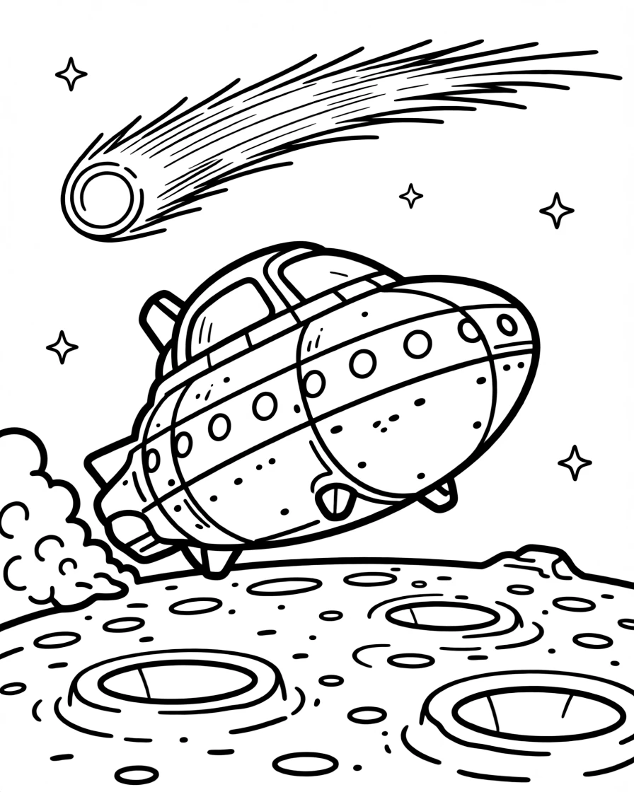 [Spaceships] a chunky space cruiser landing gently on a cratered moon on the surface of a rocky alien moon. In the background, a comet streaks past with a glowing tail, adding extra fun to explore. Tiny portholes line the ship's hull. It all happens at high noon, under clear blue skies.