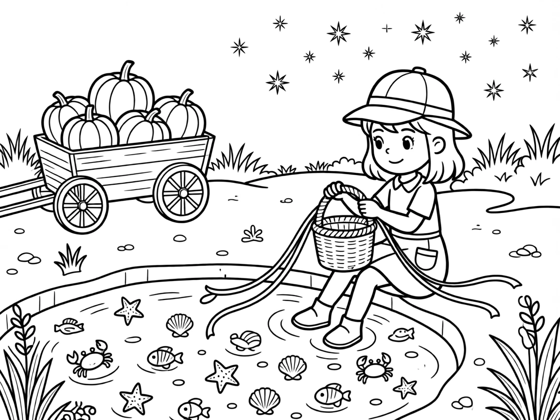 A girl detective with a magnifying glass is weaving a basket from colorful ribbons at a seaside tide pool full of tiny creatures. In the background, sparkling stars scattered across the sky and a wagon piled high with pumpkins add to the delightful moment.
