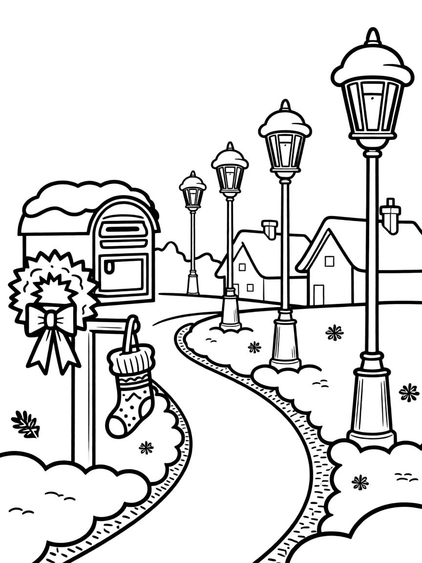 A snow-covered mailbox beside a winding path on a quiet street lined with snow-capped lampposts, with a wreath tied with a red ribbon and a knitted stocking hung with care nearby.