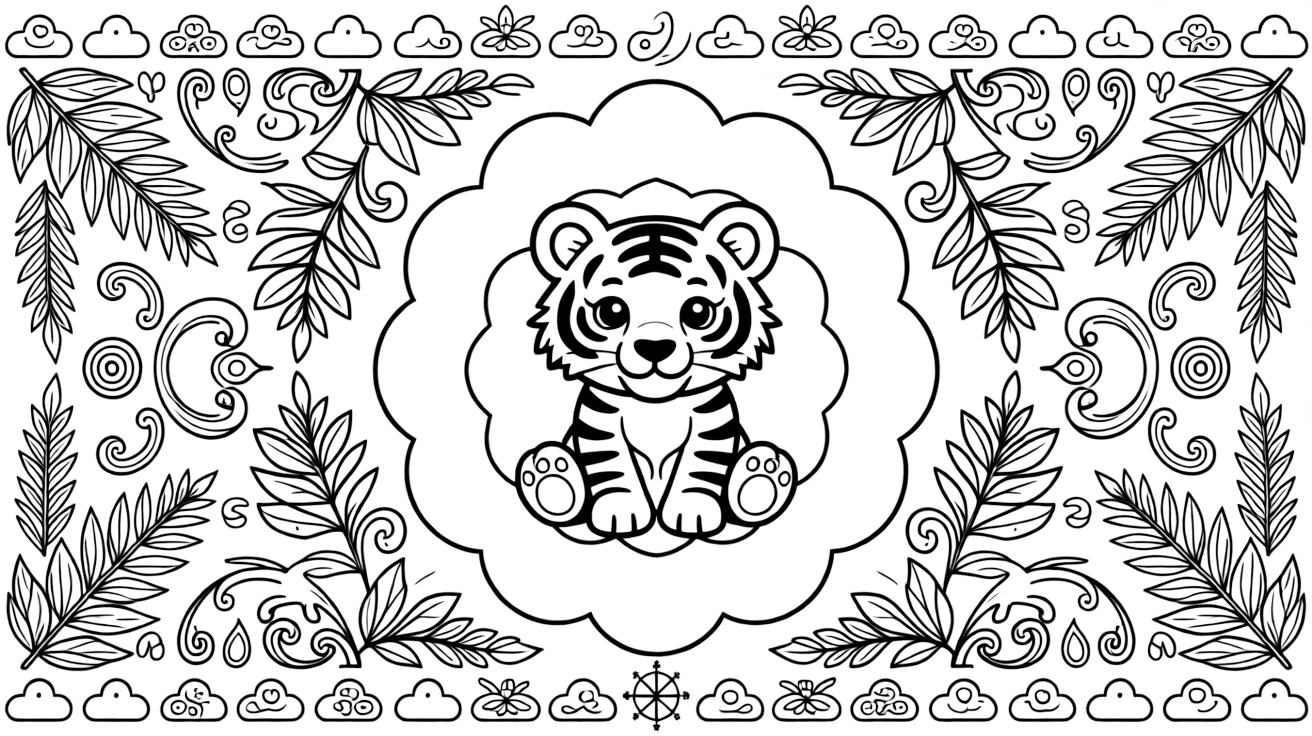 Zoo & Safari Animals: The page presents a small themed scene built around a tiger cub with soft rounded paws, tied together by a cloud-ring mandala made of puffy overlapping curves. The scene is placed centrally within a scene bordered top and bottom by mirrored rows of smaller matching details. Decorative details fill the surrounding space, including layered leaf clusters, curling paisley teardrops, and curling fern-frond shapes woven throughout the background. A playful extra touch completes the page: a tiny compass shape resting in one corner of the design.