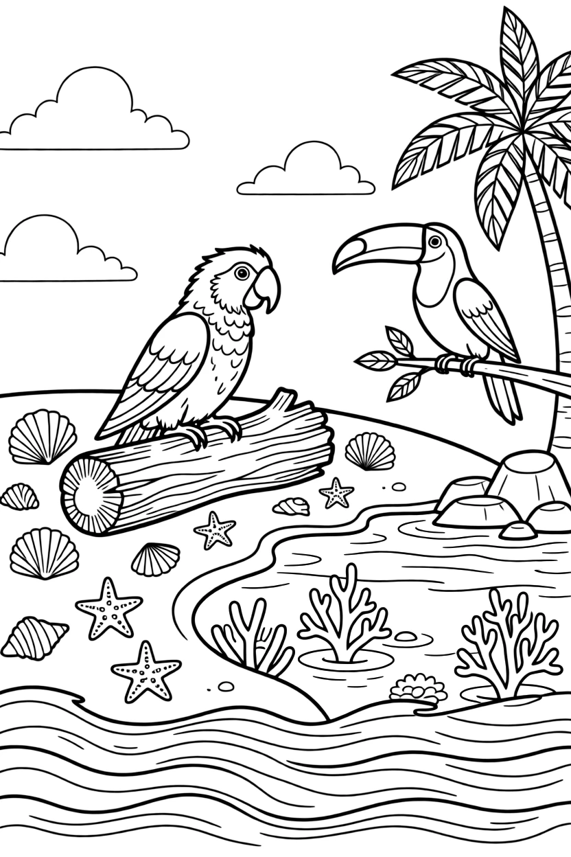[Tropical Islands] A colorful parrot perches on a driftwood log, surrounded by scattered seashells and starfish. A toucan perches on a low branch overlooking a hidden cove with turquoise water. Coral formations rise beneath the clear water near a cluster of smooth volcanic rocks. Clear blue skies stretch above the lagoon as gentle waves roll onto the shore.
