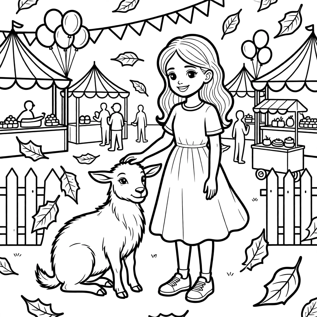 A confident preteen girl petting a friendly goat at a town fair as fallen leaves swirl in the breeze.