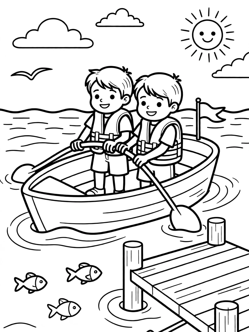 A pair of twin siblings, wearing a life jacket while gripping the tiller, guiding the boat toward the dock.