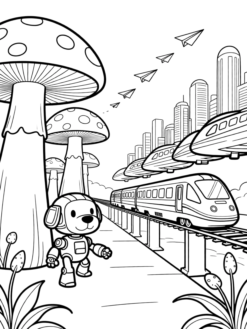 Widget, a robot dog playing hide and seek among giant mushroom towers on an alien world, in a bustling train station for hover-trains connecting floating cities, with a fleet of paper airplanes gliding past and a row of docked spaceships gleaming in the light nearby.
