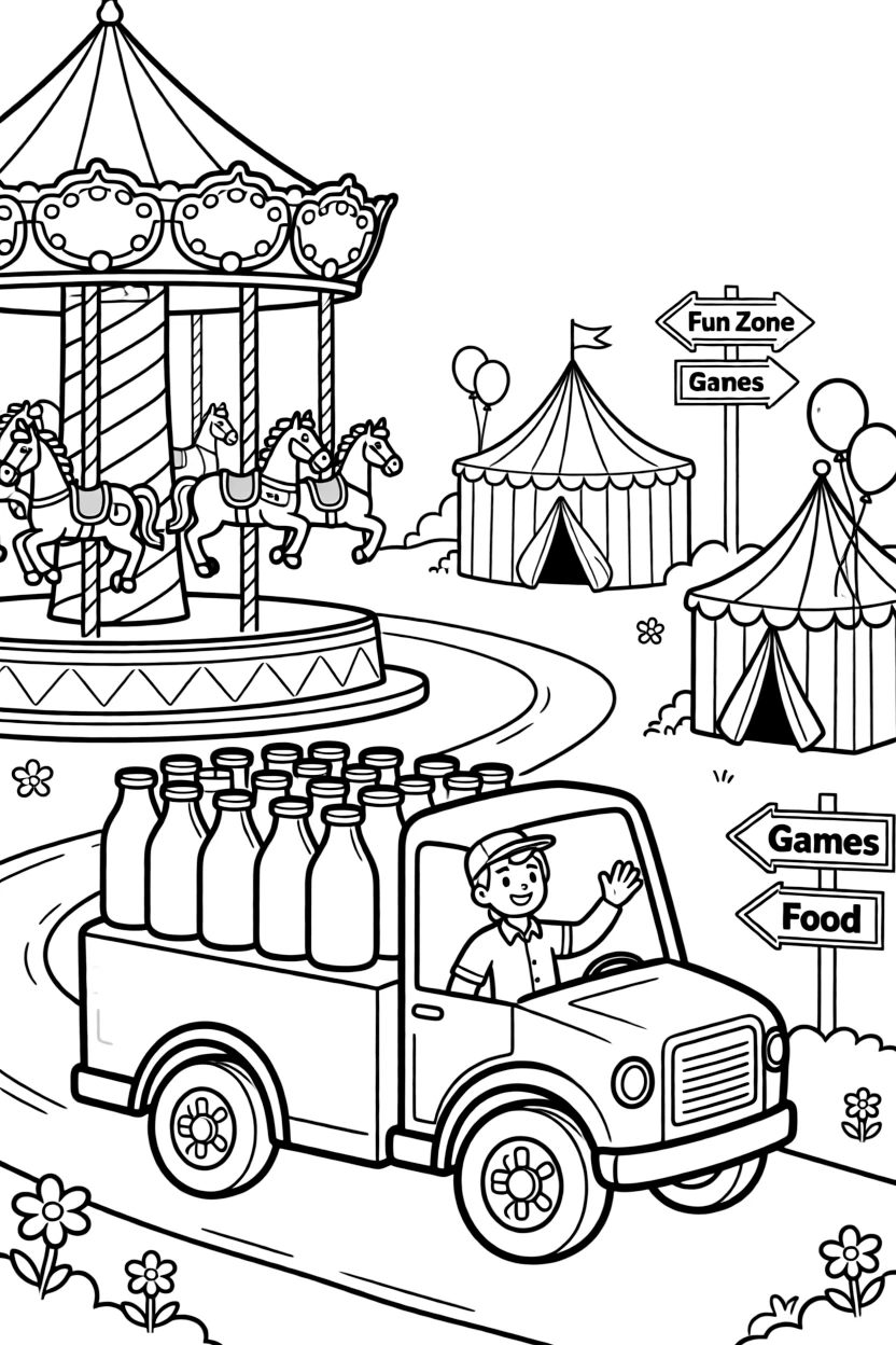 The scene captures a milk delivery truck stacked with glass bottles in the middle of a lively county fair with a carousel and ribbon-topped tents, with a smiling driver wearing a cap and waving hello nearby and road signs pointing toward fun destinations sprinkled around for extra fun.