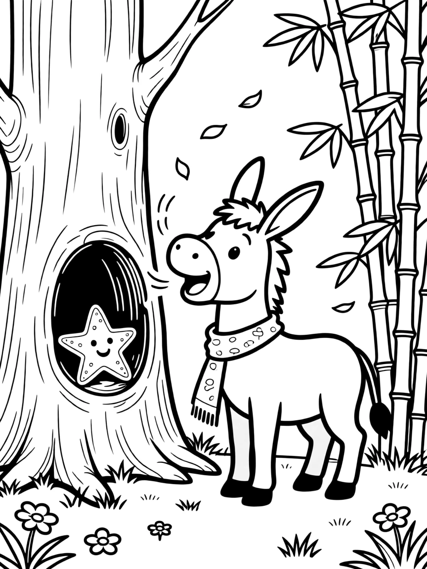 A donkey singing a cheerful tune with a starfish inside a hollow tree trunk, near a tall bamboo grove, while a gentle breeze scatters flower petals.