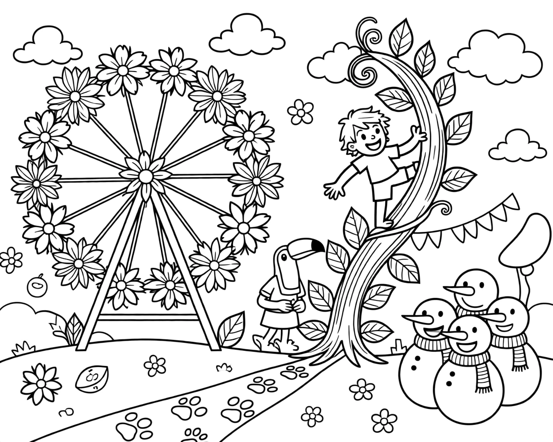 At a carnival with a Ferris wheel made of flowers, a cheerful toucan fruit seller is busy climbing to the top of a beanstalk that reaches the clouds, cheered on by a trail of paw prints leading into the distance and a group of snowmen wearing matching scarves. The whole crew is grinning from ear to ear.