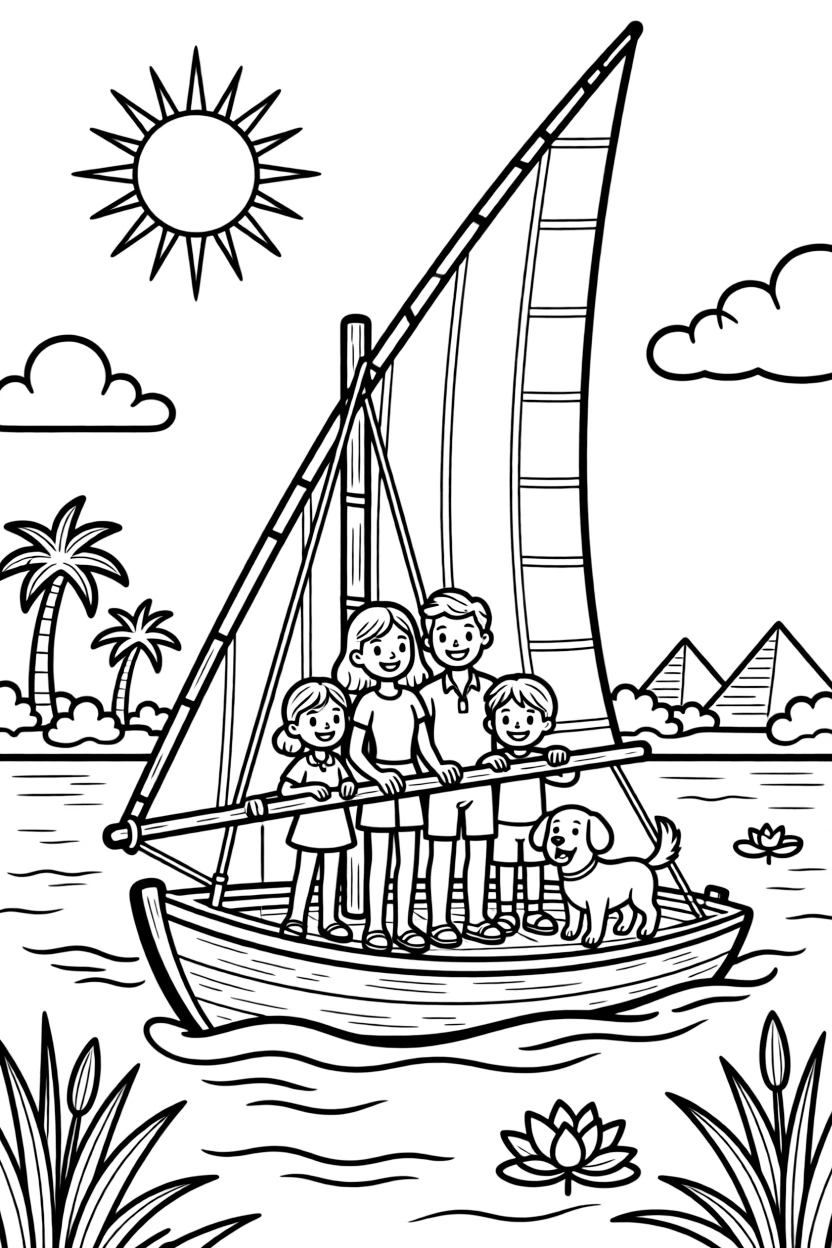 A coloring page capturing everyday life in Egypt: a family sailing on a felucca boat along the Nile River, with a loyal pet nearby and a warm sun shining overhead.
