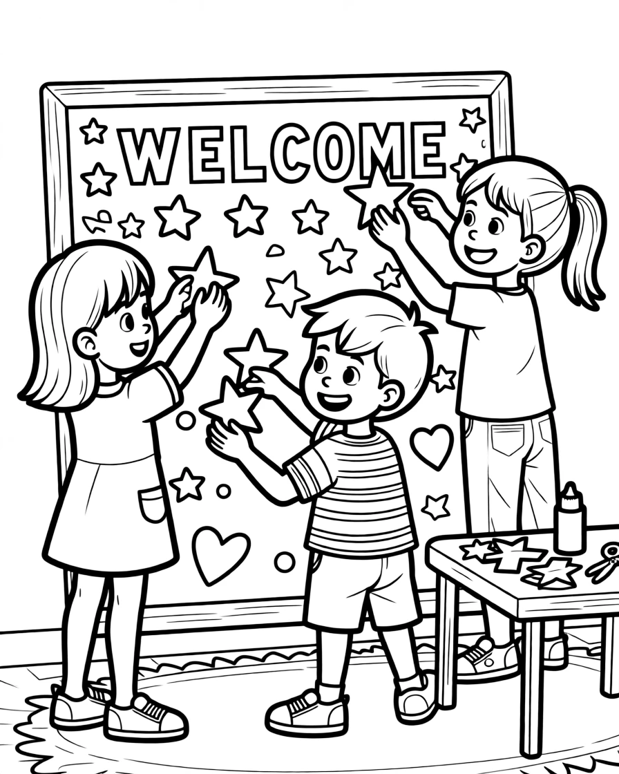 a bright-eyed group of three kids helps decorate a bulletin board with cut-out paper stars and letters.