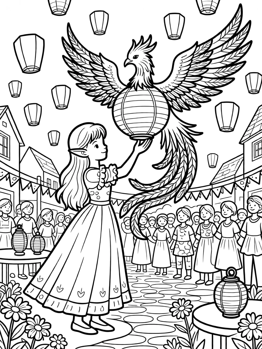 A young elf princess releases a lantern shaped like a phoenix into the night sky during a village celebration.