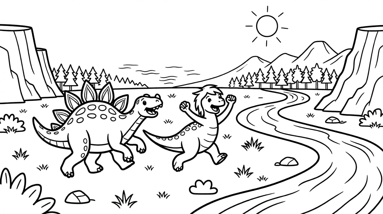 [Dinosaurs] a spiky stegosaurus racing another dinosaur across an open plain beside a wide winding river, cheering with both fists raised. Nearby, distant mountains rise beyond the treetops. Craggy cliffs frame the horizon in the distance. The scene is captured under a full moon, with heat waves shimmering in the distance, giving the page a lively and adventurous feel that invites plenty of colorful detail.