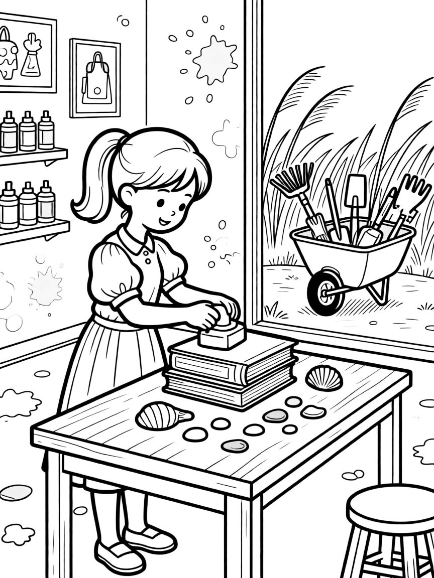 A girl librarian stamping a stack of books is sorting seashells and pebbles by size and color inside an art studio splattered with paint. Just beyond, a wheelbarrow filled with garden tools and a gentle breeze rippling through tall grass round out the happy picture.