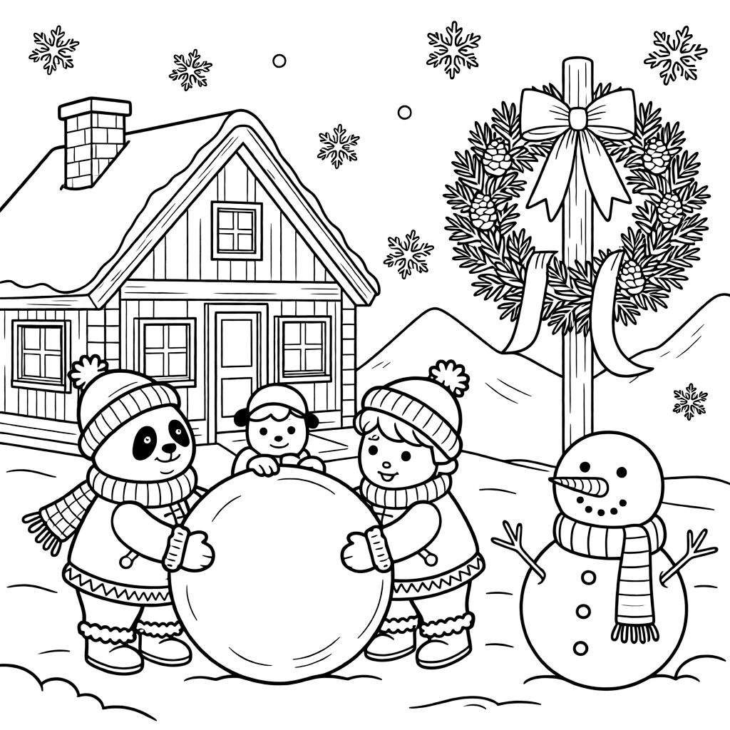 A chubby panda cub admiring a family rolling giant snowballs together in a mountain chalet surrounded by drifting snowflakes, near a wreath tied with a red ribbon and a cheerful snowman with a striped scarf.