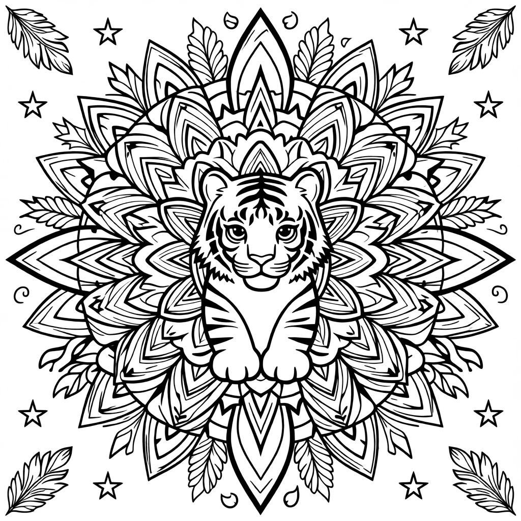 Zoo & Safari Animals: The design turns a tiger cub with soft rounded paws into a kaleidoscope-style composition anchored by a layered rosette mandala with overlapping round petals. The imagery is broken into repeating fragments that spin outward from the center in a kaleidoscope-style circle of matching wedges. Decorative details fill the surrounding space, including flame-shaped tips curling upward, nested triangle shapes, and fanned feather plumes woven throughout the background. A playful extra touch completes the page: a scattering of small stars filling in any open gaps in the pattern.